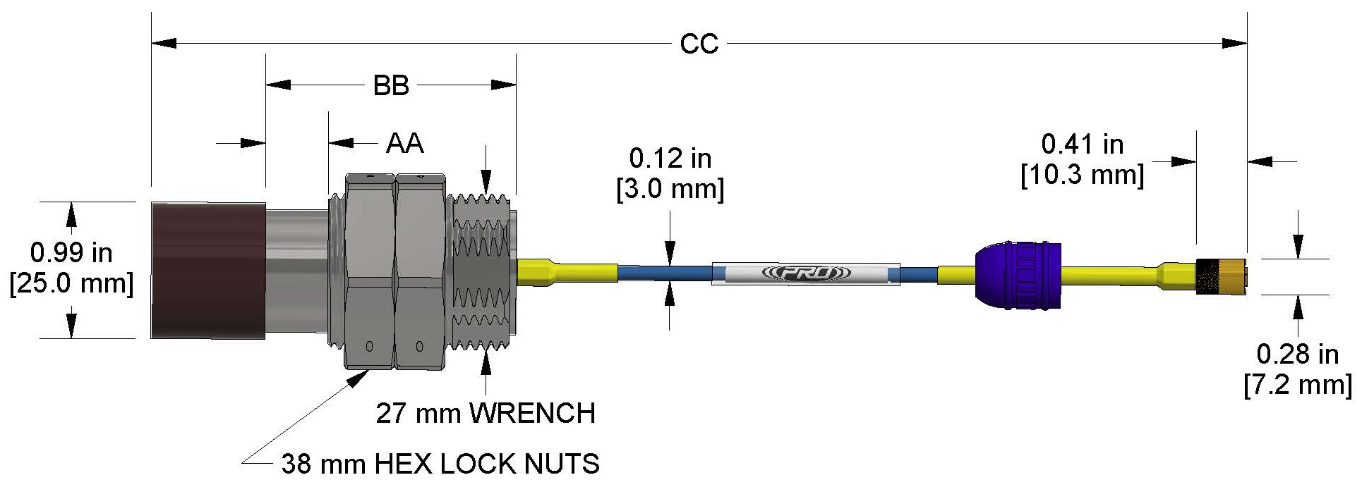 A dimension drawing of a Standard Mount CTC PRO Line Hazardous-Area Approved DP1008 proximity probe.